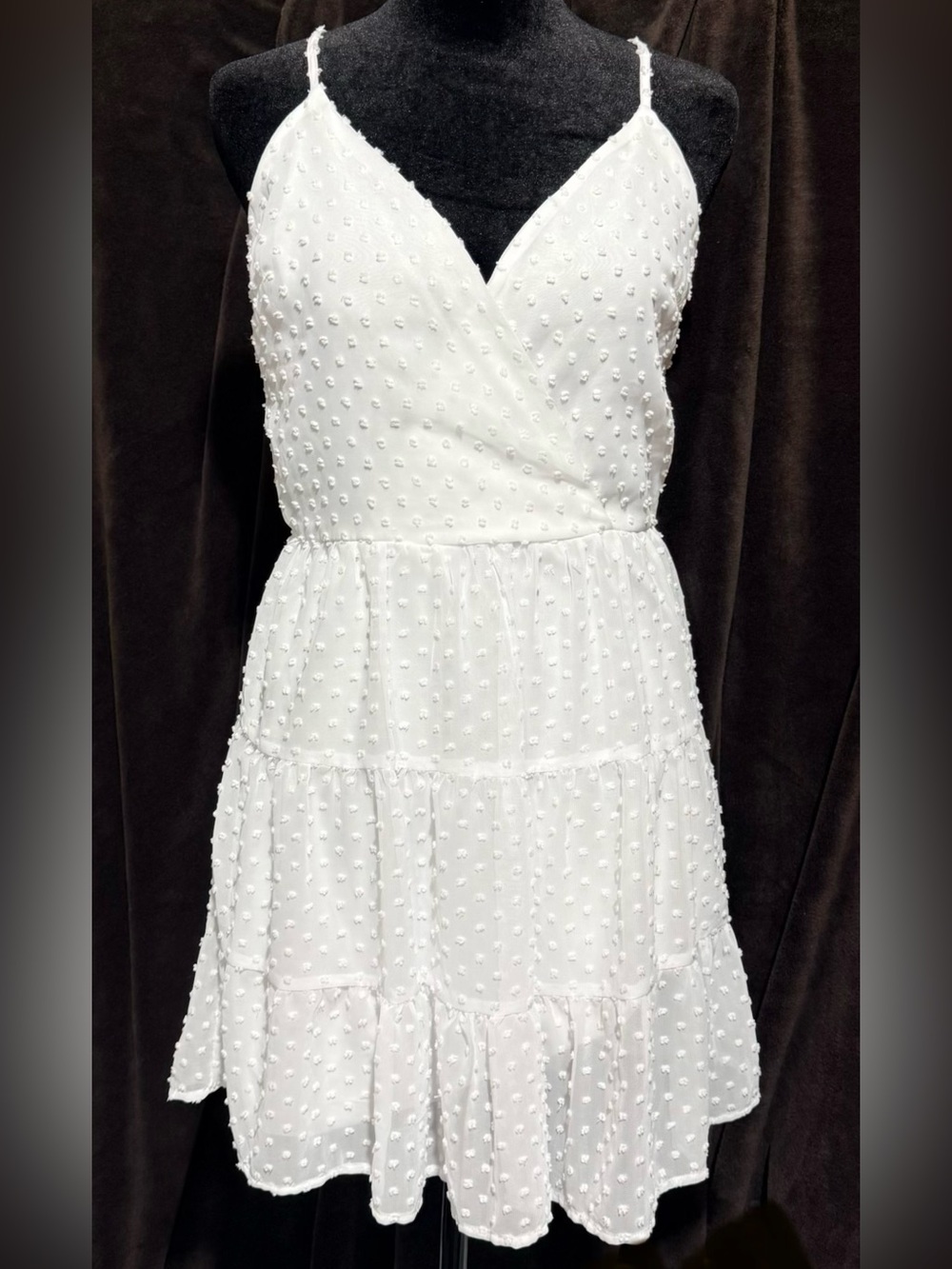 Trixxi White Textured Spaghetti-Strap Tiered Mini Dress